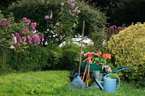 A well-maintained garden scene with a lush green lawn bordered by flowering bushes and shrubs, including pink and purple blossoms. In the background, taller trees provide shade and natural enclosure. On the right side, a collection of gardening tools and supplies is arranged on the grass, featuring a blue watering can, a garden rake, and a wheelbarrow partially filled with garden waste and flowers. The scene appears to be in daylight, with natural light highlighting the vibrant colors and textures of the plants and garden tools, indicative of an outdoor space in Ilford that might benefit from professional gardening and landscaping services to maintain its tidy and attractive appearance.