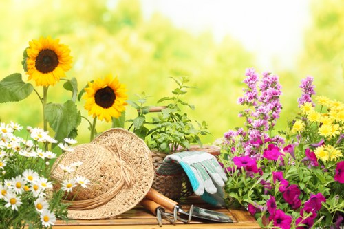 A vibrant garden scene featuring a variety of blooming flowers, including tall yellow sunflowers with dark centers, clusters of white daisies with yellow centers, and bright pink and purple flowers in full bloom. The flower beds are densely planted, creating a lush and colourful display against a soft, green background of blurred foliage indicating a sunny day. In the foreground, there is a weathered wooden surface holding gardening tools such as a straw hat, a pair of gloves, pruning shears, and a trowel, suggesting active outdoor gardening work. The well-maintained garden area appears to be part of a landscaped backyard or front garden space, with healthy plants and vibrant colours typical of a garden in the UK during spring or summer, reflecting professional gardening services offered by Landscapers Ilford in the local area, near IG postcode. The overall scene emphasizes a neat, thriving outdoor environment suitable for relaxing and gardening activities.