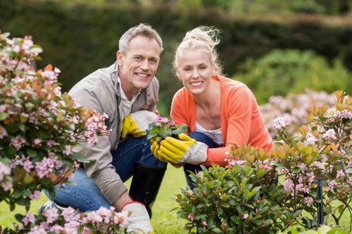 A middle-aged man and woman are kneeling together in a well-maintained front garden in Ilford, surrounded by an array of blooming pink and white flowers, with lush green foliage and neatly trimmed shrub borders. The man has short, gray hair and is wearing a light gray shirt, while the woman has blonde hair pulled back into a casual ponytail and is dressed in a bright coral jacket. Both are smiling and wearing yellow gardening gloves as they hold a small plant together, indicating a gardening activity. The background shows a tidy lawn area with healthy, dense grass, and in the distance, there are a few trees and hedges creating a natural boundary. The scene captures a bright, sunny day with clear weather, suitable for outdoor garden work, and reflects a maintained outdoor space that could benefit from ongoing lawn care, planting, and shrub trimming services provided by professionals like Landscapers Ilford. This image emphasizes the importance of professional gardening and landscaping support to create and maintain attractive, vibrant outdoor environments in the Ilford area, supporting local gardening service SEO efforts on the 'Pricing and Quotes' page.